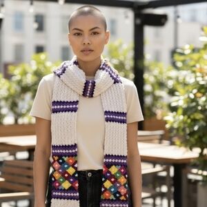 ✨ NWOT Handmade Peruvian Art Crochet Scarf - Colorful Boho Diamond Patchwork ✨